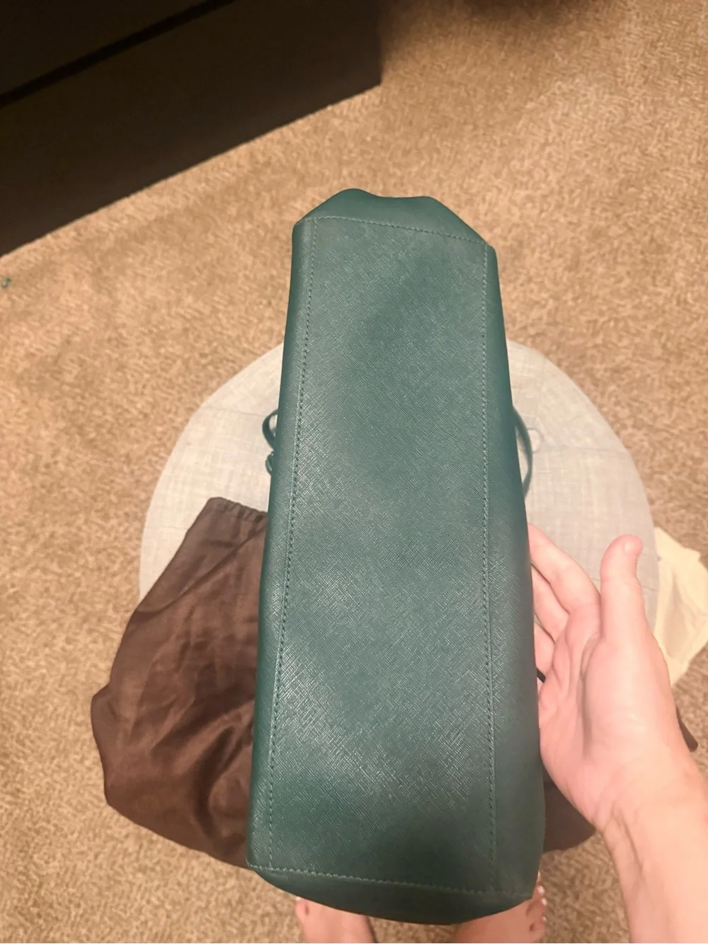 Tory Burch Dark Green Leather Tote with Gold Emblem
